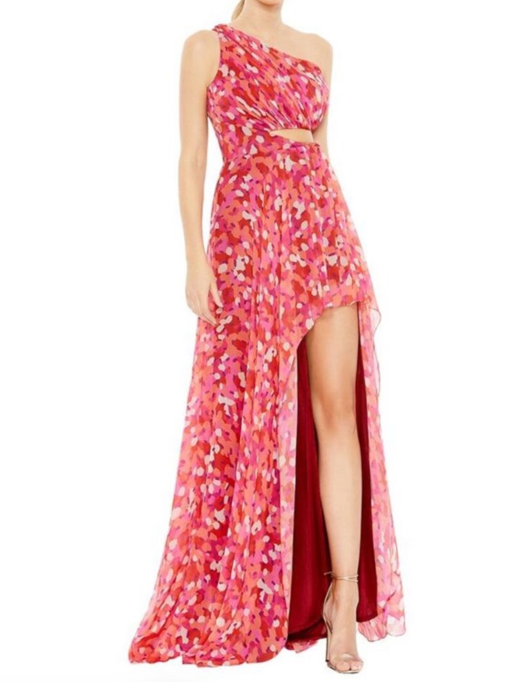 Mac Duggal Printed One-Shoulder Cutout High-Low Gown Pink & Red